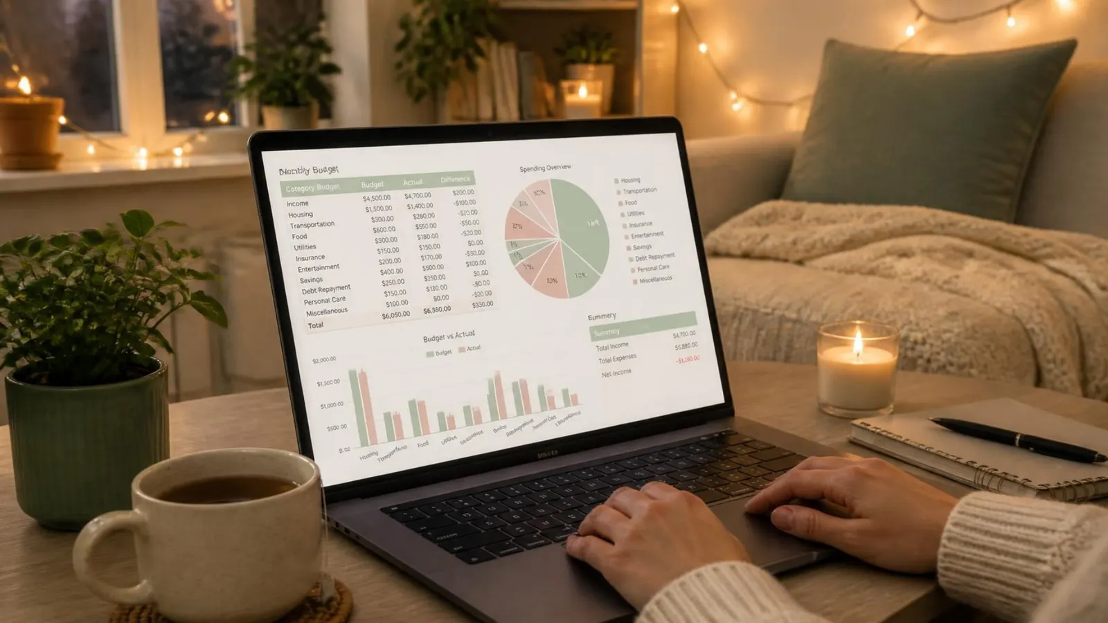 A laptop showing a pastel budget spreadsheet in a cozy, softly lit room