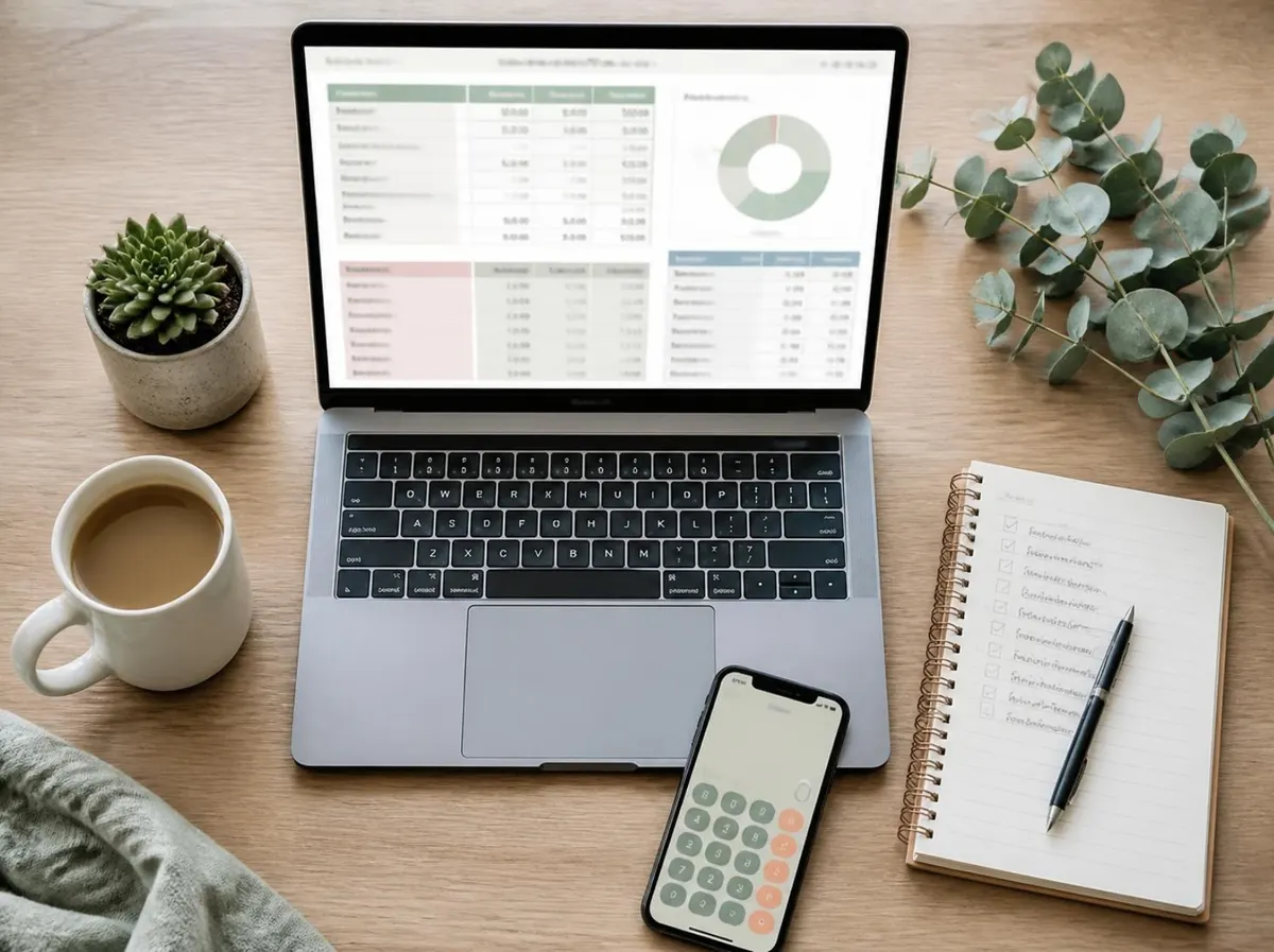 A tidy desk with a laptop showing a budget sheet, coffee, a notebook and a plant