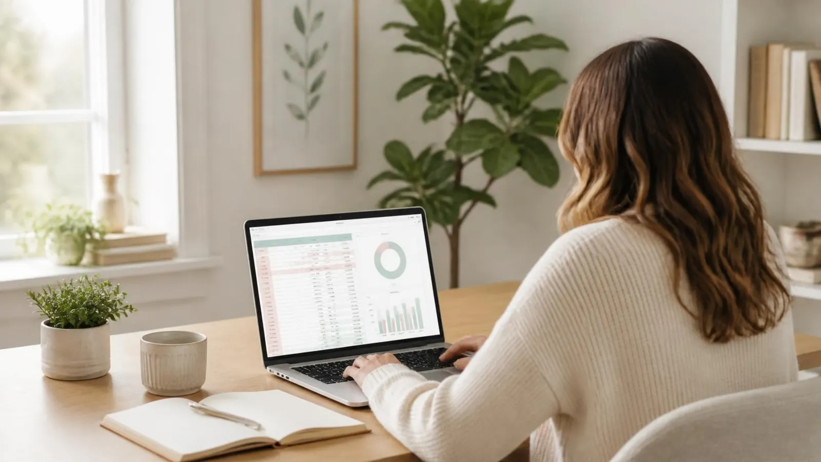 Someone calmly planning their budget on a laptop at a bright desk